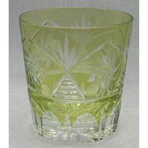 Etched Glass Rocks Tumbler Green Vintage Whiskey Crystal Style Barware Gift